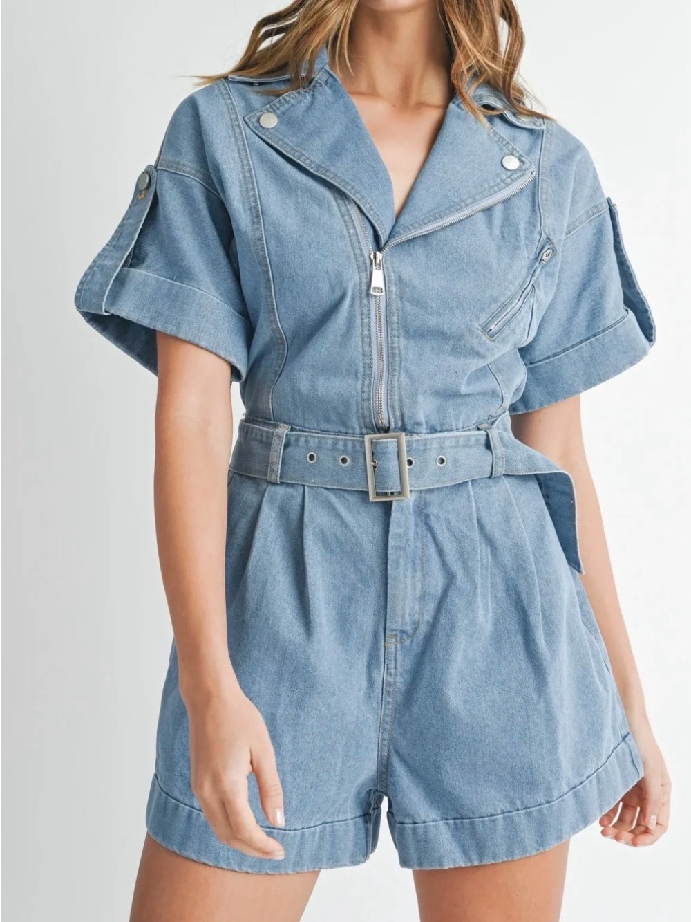 A610. Mable Light Wash Denim Short Jumpsuit Romper with Belt - Picture 3 of 6
